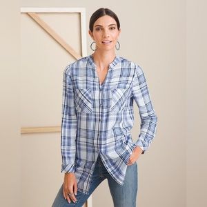 New ~Chico’s Easy Shirt Plaid Roll-Tab Tunic Size 1 ~ (8-M)